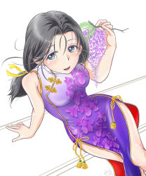 Rule 34 | 10s, 1girl, ayongu (gayogayo), china dress, chinese clothes, commentary request, dress, floral print, from above, girls und panzer, grey eyes, grey hair, hair between eyes, hair ribbon, holding, laurels, leaning to the side, long hair, looking at viewer, looking up, parted lips, piyotan (girls und panzer), print dress, purple dress, ribbon, side slit, sitting, sleeveless, sleeveless dress, smile, solo, white background, yellow ribbon