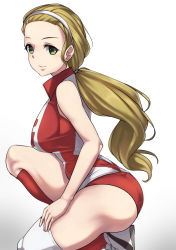 Rule 34 | 10s, 1girl, ass, blonde hair, breasts, brown eyes, from side, girls und panzer, green eyes, hair slicked back, hair tie, hairband, hand on own thigh, highres, knee pads, kneeling, large breasts, light smile, long hair, looking at viewer, red shorts, red socks, sasaki akebi, shirt, shoes, short shorts, shorts, sleeveless, sleeveless shirt, smile, sneakers, socks, solo, sportswear, thighs, volleyball uniform, white background, white footwear, yamaori (yamaorimon)