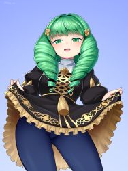Rule 34 | 1girl, :d, absurdres, artist name, black dress, blade ride, blue pantyhose, blush, clothes lift, dress, dress lift, drill hair, eyebrows, eyebrows hidden by hair, female focus, fire emblem, fire emblem: three houses, flayn (fire emblem), frilled dress, frills, from below, garreg mach monastery uniform, gradient background, green eyes, green hair, hair ornament, half-closed eyes, highres, lifted by self, long hair, long sleeves, looking at viewer, matching hair/eyes, nintendo, open mouth, pantyhose, smile, solo, standing, sweatdrop, uniform