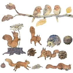 Rule 34 | acorn, animal, autumn leaves, bird, closed mouth, european robin, from side, full body, hedgehog, highres, leaf, multiple views, no humans, original, perching, pinecone, simple background, squirrel, tono (rt0no), tree stump, white background