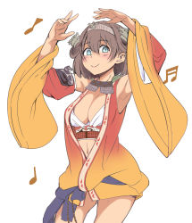 Rule 34 | 1girl, blue eyes, breasts, brown hair, cleavage, detached sleeves, highres, looking at viewer, midriff, musical note, navel, oshiro project:re, oshiro project:re, short hair, shuri (oshiro project), solo, tan, tarakan, white background