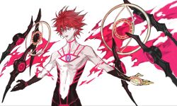 Rule 34 | 1boy, bishounen, burning garment of three gods, chest tattoo, colored skin, fate/apocrypha, fate (series), karna (fate), male focus, mchi, outstretched arms, parted lips, red eyes, red hair, solo, super karna (fate), tattoo, topless male, white skin, wings