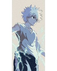 Rule 34 | 1boy, absurdres, arms at sides, blue eyes, electricity, enoki (gongindon), expressionless, feet out of frame, fighting stance, highres, hunter x hunter, killua zoldyck, male focus, shirt, short hair, sleeveless, sleeveless shirt, solo, spiked hair, v-neck, white hair