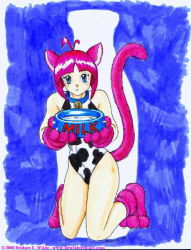 Rule 34 | 00s, 1girl, 2000, animal ears, animal print, bell, bewildered, blue background, blue eyes, blush, bottle, bowl, cat ears, cat girl, cat tail, claws, collar, cow print, gloves, holding, jingle bell, jpeg artifacts, kneeling, leotard, looking at viewer, milk, milk bottle, neck bell, paw gloves, paw shoes, paws, pink footwear, pink gloves, pink hair, print leotard, shoes, short hair, smile, tail, white leotard