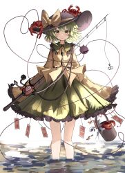 Rule 34 | 1girl, absurdres, black hat, bow, bucket, closed mouth, commentary, crab, fishing rod, green eyes, green hair, hat, hat bow, heart, heart of string, highres, komeiji koishi, long sleeves, looking at viewer, ougiikun, short hair, simple background, standing, third eye, touhou, wading, white background, yellow bow