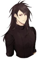 Rule 34 | 1boy, alternate costume, black hair, black shirt, expressionless, final fantasy, final fantasy vii, hair over one eye, highres, long hair, long sleeves, male focus, messy hair, nitoya 00630a, red eyes, shirt, simple background, turtleneck, vincent valentine, white background