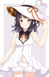 Rule 34 | 1girl, absurdres, adjusting clothes, adjusting headwear, amidada, black collar, black hair, bloomers, blue eyes, breasts, cleavage, closed mouth, collar, commentary, cowboy shot, detached sleeves, dress, frown, grey background, halloween, halloween costume, hat, hat ribbon, high collar, highres, idolmaster, idolmaster shiny colors, kazano hiori, looking at viewer, medium breasts, medium hair, mole, mole under mouth, navel, neck ribbon, orange hat, orange ribbon, plaid headwear, ribbon, short dress, skirt hold, solo, spaghetti strap, standing, two-sided fabric, two-sided headwear, underwear, white bloomers, white dress, white hat, witch hat