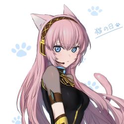 Rule 34 | 1girl, animal ears, armband, black shirt, blue eyes, breasts, cat day, cat ears, cat tail, commentary, detached sleeves, gold trim, headphones, headset, highres, kemonomimi mode, light blush, light frown, lilin 1204, long hair, looking at viewer, medium breasts, megurine luka, paw print, paw print background, pink hair, shirt, short sleeves, solo, tail, upper body, v-shaped eyebrows, vocaloid, white background