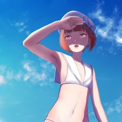 Rule 34 | 10s, 1girl, adapted costume, armpits, bad id, bad twitter id, beret, bikini, blue sky, blunt bangs, brown eyes, brown hair, chromatic aberration, cloud, commentary request, crop top, day, flat chest, hand to forehead, hat, kantai collection, navel, open mouth, sailor bikini, sailor collar, sailor hat, shade, shading eyes, shadow, short hair, sketch, sky, solo, swimsuit, upper body, white bikini, white hat, yue (tada no saboten), z3 max schultz (kancolle)