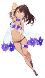 Rule 34 | 1girl, :o, arm behind head, arm up, arms behind back, arms up, bare shoulders, bikini, breasts, brown hair, dark-skinned female, dark skin, earrings, flower, full body, groin, jewelry, leg up, long hair, lowleg, mimizubare, navel, no pupils, open mouth, ponytail, purple eyes, see-through, shiny skin, simple background, small breasts, solo, swimsuit, white background