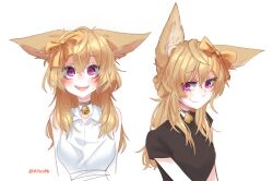 Rule 34 | 1girl, :d, @ @, absurdres, animal ears, bell, blush, bow, brown shirt, choker, commission, commissioner name, ears down, fangs, fox ears, hair bow, highres, jingle bell, large ears, looking at viewer, multiple views, neck bell, open mouth, orange bow, original, popopoka, purple eyes, shirt, short sleeves, simple background, smile, white background, white shirt