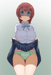 Rule 34 | 1girl, braid, breasts, brown hair, buson0120, closed mouth, clothes lift, disgust, emma verde, freckles, frown, gradient background, green eyes, green panties, highres, large breasts, lifted by self, long hair, looking at viewer, love live!, love live! nijigasaki high school idol club, nijigasaki academy school uniform, panties, school uniform, shaded face, shadow, simple background, skirt, skirt lift, solo, standing, thighs, twin braids, underwear