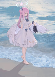 Rule 34 | 1girl, absurdres, angel wings, barefoot, beach, black footwear, blue archive, blue bow, bow, breasts, closed eyes, day, dress, feathered wings, full body, hair bun, halo, high heels, highres, holding, holding shoes, long hair, medium breasts, mika (blue archive), multicolored hair, nai gai, outdoors, pink hair, scrunchie, shoes, single side bun, smile, solo, very long hair, water, white dress, white wings, wings, wrist scrunchie