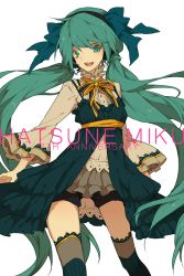 Rule 34 | 1girl, :d, anniversary, blue eyes, blue hair, character name, hairband, hatsune miku, long hair, looking at viewer, low twintails, matching hair/eyes, nobuyo ninomiya, open mouth, smile, solo, twintails, very long hair, vocaloid