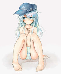 Rule 34 | 1girl, anchor symbol, barefoot, black hat, blue eyes, blush, breasts, collarbone, embarrassed, feet, female focus, full body, hand up, hat, have to pee, hibiki (kancolle), jpeg artifacts, kantai collection, long hair, looking away, looking to the side, navel, panties, shiny skin, silver hair, simple background, sitting, small breasts, solo, textless version, toes, topless, traditional media, underwear, underwear only, watakarashi, white background, white panties