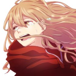 Rule 34 | 1girl, aisaka taiga, brown eyes, brown hair, commentary request, crying, crying with eyes open, flying teardrops, hair between eyes, hood, hood down, hoodie, long hair, looking back, looking to the side, open mouth, red hoodie, sad, simple background, solo, streaming tears, tears, teeth, toradora!, upper body, white background, zxzmio