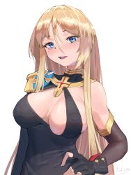 Rule 34 | 1girl, aiguillette, asymmetrical clothes, azur lane, bismarck (azur lane), bismarck (beacon of the iron blood) (azur lane), bismarck (coat of arms), black dress, black gloves, blonde hair, blue eyes, breasts, cleavage, cross, cross necklace, dress, epaulettes, filin, fingerless gloves, gloves, hair between eyes, hand on own hip, highres, iron blood (emblem), jewelry, large breasts, long hair, looking at viewer, necklace, official alternate costume, open mouth, simple background, solo, upper body, white background
