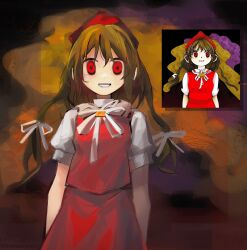 Rule 34 | 1girl, :d, aesur a, brown hair, commentary, highres, looking at viewer, open mouth, original, red eyes, red headwear, red shirt, red skirt, shirt, short hair with long locks, skirt, smile, solo, touhou, upper body