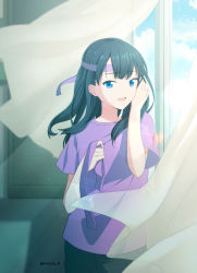 Rule 34 | 1girl, adjusting hair, black hair, blue eyes, blue sky, blurry, bokeh, cloud, cloudy sky, commentary request, cowboy shot, curtains, depth of field, floating hair, gridman universe, tucking hair, hand in own hair, headband, holding, indoors, light particles, light rays, long hair, looking at viewer, nnyara, open mouth, purple shirt, shirt, sky, smile, solo, ssss.gridman, standing, straight hair, sunlight, t-shirt, takarada rikka, transparent, twitter username, wind, wind lift, window