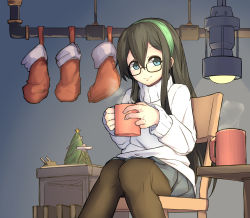 Rule 34 | 1girl, absurdres, ahchih, alternate costume, black hair, black pantyhose, blue eyes, blue skirt, book, bookshelf, chair, christmas, christmas ornaments, christmas tree, cup, eyebrows, glasses, green hairband, hair ornament, hairband, highres, holding hands, hot chocolate, industrial pipe, kantai collection, light bulb, long hair, looking at viewer, ooyodo (kancolle), pantyhose, ribbed sweater, shirt, skirt, smile, socks, solo, sweater, turret, white shirt, white sweater