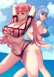 Rule 34 | 2girls, ass, bikini, blue bikini, blue hair, blue sky, breasts, brown eyes, cleavage, closed mouth, cloud, day, eyewear on head, female focus, fire emblem, fire emblem: three houses, fire emblem heroes, hilda valentine goneril, hilda valentine goneril (summer), large breasts, marianne von edmund, marianne von edmund (summer), matching hair/eyes, multiple girls, navel, nintendo, official alternate costume, pink bikini, pink eyes, pink hair, sky, smile, stomach, swimsuit, thighs, zelc-face