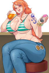 Rule 34 | 1girl, alcohol, beer, bikini, bikini top only, breasts, condom, denim, earrings, highres, jeans, jewelry, large breasts, money, nami (one piece), one piece, orange hair, pants, sitting, solo, tagme, tattoo