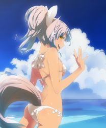 Rule 34 | 1girl, animal ears, ass, beach, bikini, blue sky, blush, body blush, bow, breasts, cloud, colored eyelashes, day, eyelashes, fang, female focus, from behind, grey hair, hair bow, highres, long hair, looking back, nail, nail art, nail polish, ocean, open mouth, original, outdoors, plastick, ponytail, side-tie bikini bottom, sky, smile, solo, swimsuit, tail, wading, water, wet, white bikini, yellow eyes