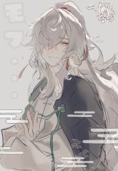 Rule 34 | 1boy, animal, animal on shoulder, bird, bird on shoulder, black capelet, bow, capelet, chinese clothes, closed mouth, facing viewer, grey background, grey hair, high ponytail, highres, honkai: star rail, honkai (series), jing yuan, long hair, long sleeves, looking at animal, male focus, mole, mole under eye, red bow, shirt, smile, solo, sushitakai, white shirt, yellow eyes