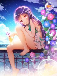 Rule 34 | 1girl, anklet, bare shoulders, barefoot, blush, book, bow, bug, butterfly, dress, drink, drinking straw, fish, flower, from side, glass, hair bow, highres, insect, jewelry, lens flare, long hair, looking at viewer, morning glory, ocean, on railing, ondo (shinm02), original, pink eyes, purple hair, railing, sitting, sky, smile, solo, sparkle, water