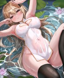 Rule 34 | 1girl, 3:, absurdres, armpits, arms up, artist request, bare arms, bare shoulders, black thighhighs, blonde hair, blush, braid, breasts, china dress, chinese clothes, cleavage, cleavage cutout, closed mouth, clothing cutout, commission, covered erect nipples, covered navel, cream (cream), dress, gold trim, hair ribbon, heart cutout, highres, large breasts, leg up, long hair, looking at viewer, lying, no bra, no panties, on back, original, pelvic curtain, red eyes, ribbon, second-party source, see-through, short dress, side-tie dress, sleeveless, sleeveless dress, solo, thighhighs, thighs, very long hair, water, wet, wet clothes, wet dress, white dress