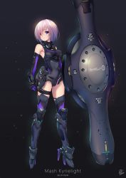 Rule 34 | 1girl, armor, artist name, bare shoulders, black background, boots, character name, elbow gloves, fate/grand order, fate (series), faulds, fukai ryosuke, full body, gloves, greaves, hair over one eye, high heel boots, high heels, highres, leotard, light purple hair, looking at viewer, mash kyrielight, mecha musume, neon trim, purple eyes, science fiction, shield, short hair, signature, skin tight, sleeveless, sleeveless turtleneck, solo, standing, thigh strap, thighhighs, turtleneck