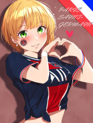 Rule 34 | 1girl, blonde hair, blue shirt, blush, bracelet, breasts, brown background, clothes writing, commentary request, country connection, drop shadow, earrings, facial mark, french flag, green eyes, group name, hands up, heart, heart hands, highres, idolmaster, idolmaster cinderella girls, jewelry, logo, looking at viewer, medium breasts, midriff, miyamoto frederica, paris saint-germain, parted lips, red shirt, shadow, shirt, short hair, sidelocks, smile, soccer uniform, solo, sportswear, standing, tied shirt, two-tone shirt, upper body, yoshimoto (carpsukidayo)