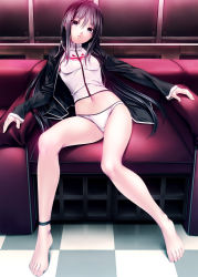 Rule 34 | 1girl, anklet, bare shoulders, barefoot, black eyes, black hair, chair, checkered floor, couch, feet, fingernails, full body, full moon, indoors, jacket, jewelry, leaning back, legs, long hair, long legs, looking at viewer, midriff, moon, navel, on couch, original, panties, parted lips, red upholstery, rezi, sitting, solo, thighs, tile floor, tiles, toenails, turtleneck, underwear, very long hair, white panties