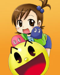 Rule 34 | 1girl, :d, company connection, crossover, futami mami, ghost, hand puppet, idolmaster, idolmaster (classic), inky (pac-man), kotobuki maimu, leaning forward, lowres, namco, open mouth, pac-man, pac-man (game), pinky (pacman), puppet, side ponytail, smile, solo