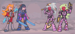 Rule 34 | 4girls, armor, back lace, black hair, cloak, crossover, double gold lacytanga, double gold spandex, dress, dual wielding, full armor, full body, holding, holding sword, holding weapon, kneesocks (psg), long hair, machinery, multiple girls, orange hair, panty &amp; stocking with garterbelt, panty (psg), parody, power armor, red dress, robot, scanty (psg), siblings, sisters, standing, stocking (psg), stripes i &amp; ii, style parody, sword, tr0yka, very long hair, warhammer 40k, wavy hair, weapon