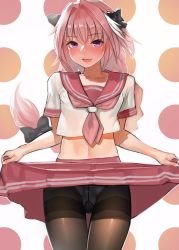 Rule 34 | 1boy, :d, astolfo (fate), astolfo (sailor paladin) (fate), bad id, bad twitter id, blush, bow, braid, brown pantyhose, bulge, clothes lift, commentary request, cowboy shot, crop top, fang, fate/grand order, fate (series), full-face blush, gusset, hair bow, hair intakes, highres, lifted by self, long hair, looking at viewer, male focus, multicolored hair, navel, neckerchief, official alternate costume, open mouth, panties, panties under pantyhose, pantyhose, pink hair, pink neckerchief, polka dot, polka dot background, purple eyes, school uniform, serafuku, shirt, short sleeves, single braid, skirt, skirt lift, smile, solo, standing, streaked hair, thigh gap, thighband pantyhose, trap, tsurime, underwear, upskirt, very long hair, white hair, white panties, white shirt, yomu (sgt epper)