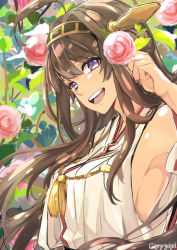 Rule 34 | 10s, 1girl, :d, ahoge, armpits, bad id, bad pixiv id, breasts, brown hair, flower, gari (apollonica), hair flower, hair ornament, hairband, headgear, kantai collection, kongou (kancolle), long hair, looking at viewer, nontraditional miko, one-hour drawing challenge, open mouth, purple eyes, sideboob, sketch, smile, solo, twitter username