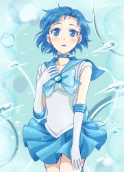 1girl bishoujo_senshi_sailor_moon blue_eyes blue_hair blue_sailor_collar blue_skirt blue_theme choker cowboy_shot earrings elbow_gloves facial_mark female_focus forehead_mark gloves glowing jewelry matching_hair/eyes mercury_symbol miniskirt mizuno_ami pleated_skirt ribbon sailor_collar sailor_mercury short_hair skirt solo venus_symbol waasa white_gloves