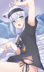 Rule 34 | 1girl, ahoge, angeldu, animal ear fluff, animal ears, bed, black hairband, black panties, black shirt, blush, commentary request, double fox shadow puppet, earrings, fox ears, fox girl, fox shadow puppet, fox tail, green eyes, hair between eyes, hairband, highres, hololive, jewelry, long hair, looking at viewer, low twintails, lying, on side, open mouth, panties, pillow, shirakami fubuki, shirakami fubuki (loungewear), shirt, sidelocks, solo, sweatdrop, tail, twintails, underwear, virtual youtuber, white hair