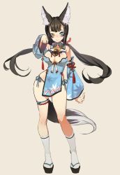 Rule 34 | 1girl, :p, animal ears, beige background, black hair, blue dress, blue eyes, breasts, cleavage, contrapposto, detached collar, detached sleeves, dress, full body, heterochromia, large breasts, leg ribbon, long hair, low twintails, panties, paw pose, pelvic curtain, ribbon, sandals, seinen, short dress, side-tie panties, side slit, simple background, socks, solo, standing, string panties, tail, thigh ribbon, tongue, tongue out, twintails, underwear, very long hair, white socks, wide sleeves, yellow eyes