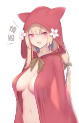 Rule 34 | 1girl, :d, blonde hair, blush, bow, breasts, bright pupils, cleavage, cloak, flower, green bow, hair bow, healing luka, highres, hood, hooded cloak, indie virtual youtuber, jewelry, large breasts, long hair, looking at viewer, naked cloak, navel, necklace, nikuku (kazedesune), open mouth, red eyes, simple background, smile, solo, star-shaped pupils, star (symbol), stomach, symbol-shaped pupils, translation request, upper body, very long hair, virtual youtuber, white background, white flower
