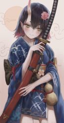 Rule 34 | 1girl, absurdres, black hair, blue kimono, closed mouth, cowboy shot, flower, gold can, gourd, green eyes, hair flower, hair ornament, highres, holding, holding sword, holding weapon, horns, japanese clothes, kimono, multicolored hair, original, pointy ears, red hair, short hair, single horn, solo, sword, two-tone hair, weapon