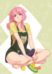 Rule 34 | 1girl, barefoot, breasts, brown background, carrot, cleavage, collarbone, commentary, cucumber, eggplant, english commentary, eyelashes, feet, feguimel, food, fruit, full body, green eyes, green overalls, hands on own legs, highres, legs, lemon, long hair, looking at viewer, on ground, original, overall shorts, overalls, parted bangs, pink hair, ponytail, shadow, shirt, short sleeves, sidelocks, signature, sitting, small breasts, smile, solo, t-shirt, teeth, toenails, toes, yellow shirt