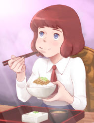 Rule 34 | 1girl, bad id, bad pixiv id, blue eyes, blush, brown hair, castle of cagliostro, clarisse de cagliostro, commentary request, eating, food, lafolie, lupin iii, nattou, retro artstyle, short hair, sitting, solo