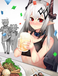 Rule 34 | 1boy, 2girls, absurdres, alcohol, ao oni (onioni-aoi), arknights, bare arms, bare shoulders, beer, beer mug, black choker, blush, choker, commentary request, confetti, crop top, cup, food, gummy (arknights), hands up, highres, holding, holding cup, horns, infection monitor (arknights), jaye (arknights), long hair, looking at viewer, midriff, mudrock (arknights), mug, multiple girls, nose blush, parted lips, pointy ears, red eyes, silver hair, sports bra, stomach, upper body