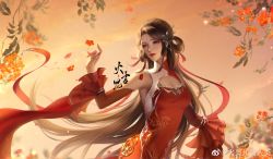 Rule 34 | 1girl, absurdres, backlighting, brown hair, chinese clothes, cleavage cutout, clothing cutout, dress, facial mark, forehead mark, hair ornament, hair rings, highres, huo linger (wanmei shijie), huo linger tongren she, long hair, open mouth, red dress, solo, teeth, wanmei shijie
