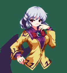 Rule 34 | 1girl, 4qw5, bow, bowtie, breasts, closed mouth, collared dress, commentary request, dress, gem, green background, green gemstone, grey hair, hair between eyes, hands up, jacket, kishin sagume, long sleeves, looking to the side, medium breasts, open clothes, open jacket, pixel art, puffy long sleeves, puffy sleeves, purple dress, red bow, red bowtie, red eyes, short hair, simple background, single wing, smile, solo, touhou, upper body, wide sleeves, wings, yellow jacket