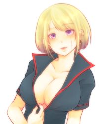Rule 34 | 1girl, absurdres, black shirt, blonde hair, breasts, cleavage, collarbone, earrings, facial scar, gintama, highres, jewelry, large breasts, looking at viewer, multiple girls, open clothes, open mouth, open shirt, paleatus, purple eyes, ribbon-trimmed sleeves, ribbon trim, scar, scar on cheek, scar on face, shirt, short hair, short sleeves, simple background, solo, tsukuyo (gintama), upper body, white background