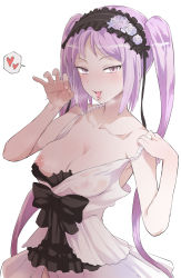 Rule 34 | absurdres, black ribbon, breath, dress, euryale (fate), euryale (third ascension) (fate), fate/hollow ataraxia, fate (series), fellatio gesture, hairband, handjob gesture, heart, highres, lolita hairband, naughty face, nipple slip, nipples, purple hair, ribbon, saliva, see-through, solo, spoken heart, steam, strapless, strapless dress, terasu mc, tongue, tongue out, twintails, white background, white dress