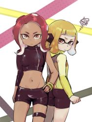 Rule 34 | 2girls, agent 4 (splatoon), agent 8 (splatoon), angry, asymmetrical sleeves, ayatori (sensei heroism), back-to-back, bike shorts, black jacket, black shorts, blonde hair, blunt bangs, bracelet, closed mouth, commentary, cowboy shot, fangs, from behind, frown, hand on own hip, headgear, inkling, inkling girl, inkling player character, jacket, jewelry, long sleeves, looking at viewer, looking back, medium hair, midriff, multiple girls, navel, nintendo, octoling, octoling girl, octoling player character, orange eyes, pointy ears, red hair, shorts, splatoon (series), splatoon 2, splatoon 2: octo expansion, squidbeak splatoon, squiggle, standing, tentacle hair, thigh strap, uneven sleeves, v-shaped eyebrows, yellow jacket